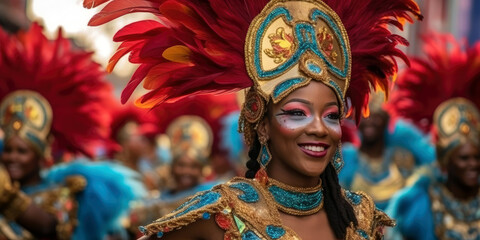 Carnival Parade, vibrant carnival procession, featuring dancers in elaborate, feathered costume (created with Generative AI)