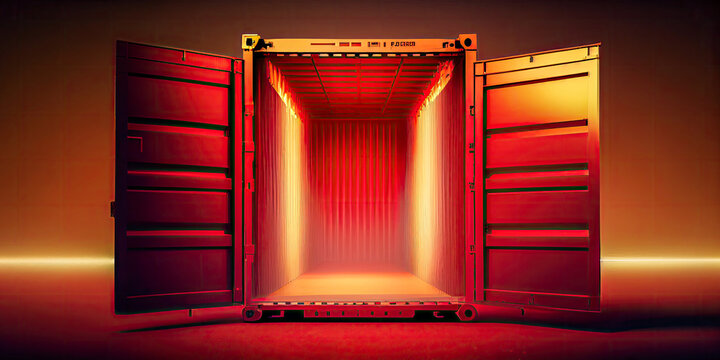 Maritime container with open door in different colors for transporting goods, industry concept, Generative AI
