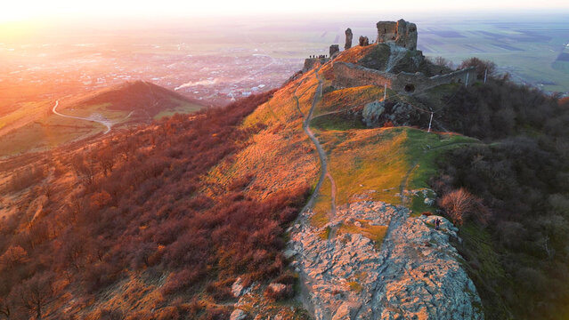 Aerial view of Siria Fortress, Arad county, Romania. Drone shot.