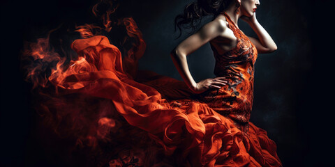 Flamenco Passion, fiery flamenco dancer, dressed in a vibrant, flowing gown (created with Generative AI) - obrazy, fototapety, plakaty
