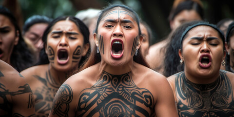 Haka Performance, group of Maori performers  (created with Generative AI) - obrazy, fototapety, plakaty