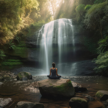 AI Generative image of a woman meditating at the base of a forest waterfall