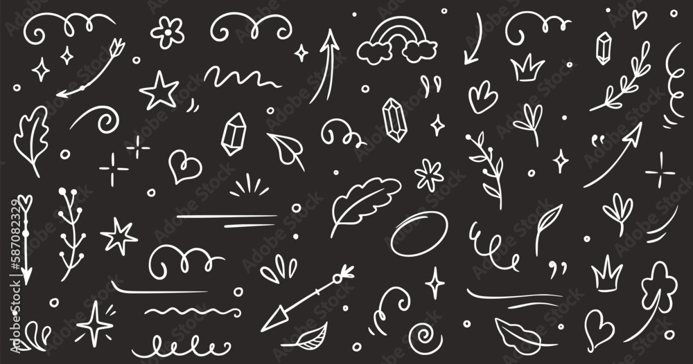 Poster Sketch element line set on chalkboard. Abstract nature element decoration graphic icon set. Sketch hand drawn line element for brush, abstract decoration design. Vector illustration