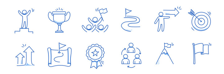Success leader business doodle icons. Man with leadership flag doodle line sketch award, certificate, trophy. Victory, success, winner concept icon. Outline editable pen stroke. Vector illustration © Polina Tomtosova
