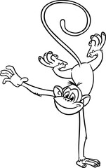 Cartoon funny monkey handstanding and doing circus trick. Vector illustration of happy monkey chimpanzee outlines for coloring pages book