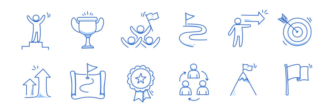 Success Leader Business Doodle Icons. Man With Leadership Flag Doodle Line Sketch Award, Certificate, Trophy. Victory, Success, Winner Concept Icon. Outline Editable Pen Stroke. Vector Illustration