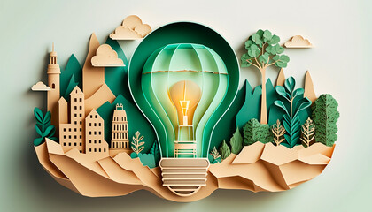 Fototapeta na wymiar Paper cut light bulb with green eco city, city of future nature energy. Generative AI,
