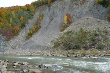 Beautiful mountain river with rapid current. Prut river and mountain folds