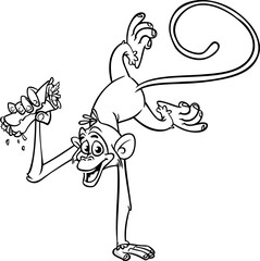 Fototapeta premium Cartoon funny monkey holding kebab or falafel roll streetfood. Vector illustration of happy monkey chimpanzee outlines for coloring pages book