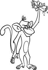 Cartoon funny monkey holding kebab or falafel roll streetfood. Vector illustration of happy monkey chimpanzee outlines for coloring pages book