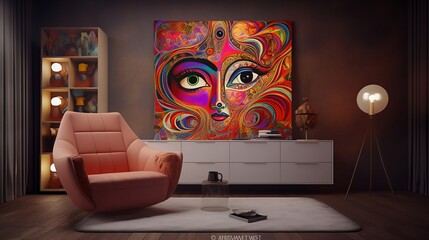single sofa with nostalgic 90's theme with vibrant and eye-catching psychedelic art on simple plain wall background - ideal for real estate photography and interior design. generative ai