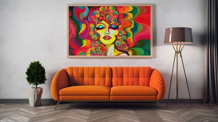 sofa with nostalgic 90's theme with vibrant and eye-catching psychedelic art on simple plain wall background - ideal for real estate photography and interior design. generative ai