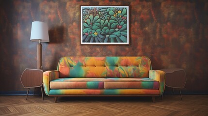 sofa with nostalgic 90's theme with vibrant and eye-catching psychedelic art on simple plain wall background - ideal for real estate photography and interior design. generative ai