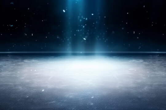 Snow and ice background.Empty ice rink illuminated by spotlights