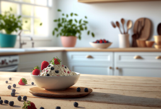 ice cream berries on the table in the kitchen. Generative AI,