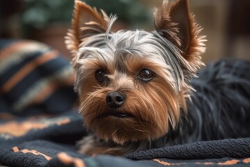 A Yorkshire terrier grooms itself while lying on a blanket. Generative AI