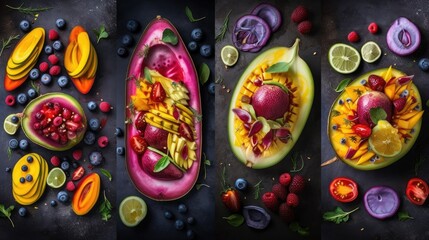 Fruit salad made of fresh fruits and berries on a dark background