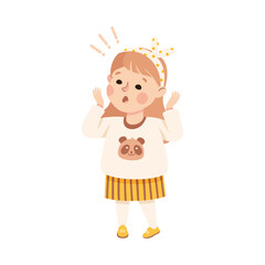 Cute surprised little girl. Adorable girl dressed casual clothes exclamation marks over her head feeling anxiety cartoon vector illustration