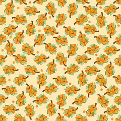 Cute sea buckthorn seamless pattern. Bright sea buckthorn berries, twigs and leaves. Vector outline drawn illustration. Template with orange fresh berries for wallpaper, fabric, packaging