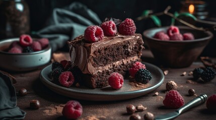 Chocolate cake with raspberries and blackberries on a dark background