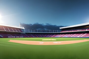 Fototapeta na wymiar Grand baseball stadium field diamond daylight view, modern public sport building 3D render background.