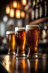 Fototapeta na wymiar Draft beer in glasses on the bar in a row, the background of the bar is blurred. Generative AI,