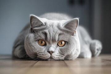 On a white table, a British Shorthair cat is curled up. Generative AI
