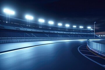 Fototapeta na wymiar 3D realistic the sports stadium for racing car is illuminated with floodlights. Featuring a steel gate, an empty pole position and a racetrack finish line. Generative AI