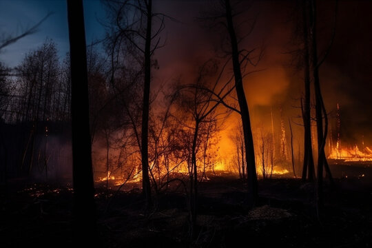 Forest fire disaster, trees burning at night, wildfire nature destruction