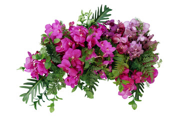Tropical leaves and flowers garland bouquet arrangement mixes orchids flower with tropical foliage fern, philodendron and ruscus leaves - obrazy, fototapety, plakaty