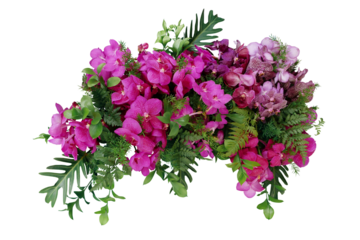 Tropical leaves and flowers garland bouquet arrangement mixes orchids flower with tropical foliage fern, philodendron and ruscus leaves