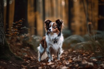 Naklejka na ściany i meble dog strolling in a forest in the fall. Generative AI