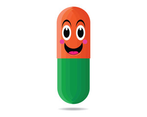 vector cartoon illustration of a medicine in the form of a capsule which is orange on top and green on the bottom which is given a smiling face consisting of eyes and eyebrows and mouth and small pink