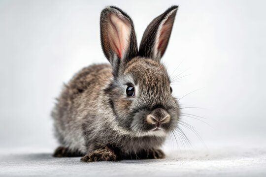 cute newborn bunny in gray against a white background. lovely young rabbit. Generative AI