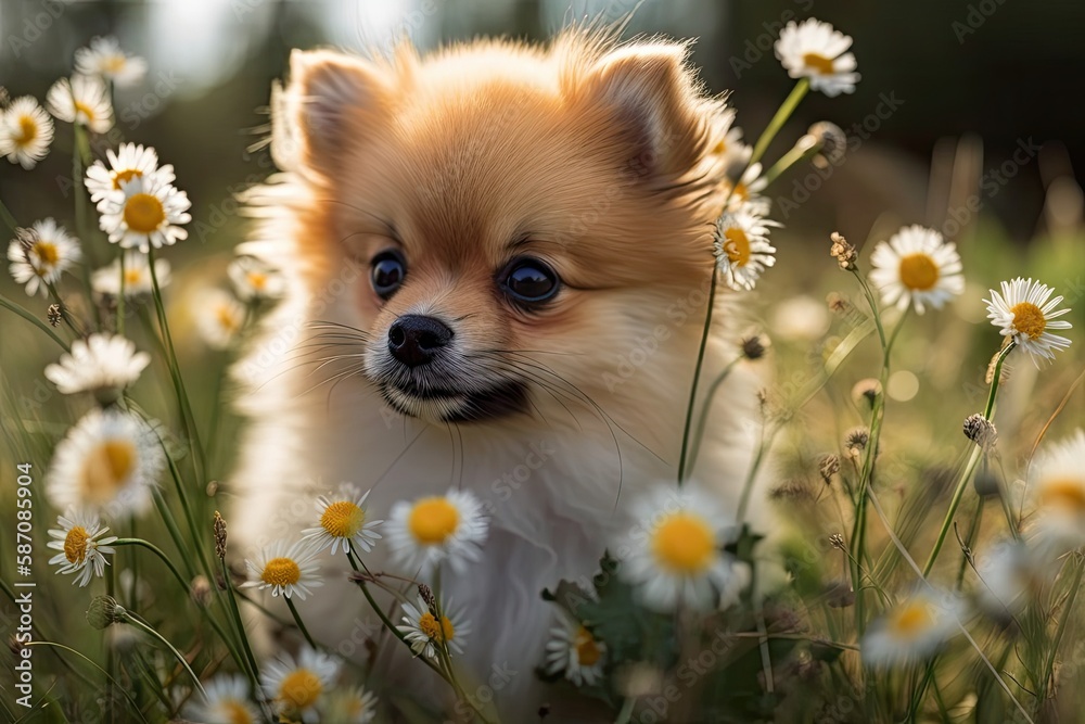 Poster A small Pomeranian puppy is sitting in the grass and is sniffing a camomile flower. Generative AI