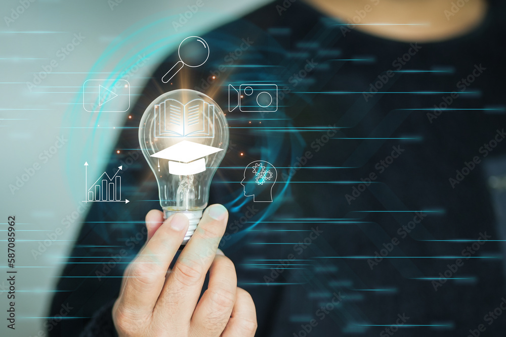 Aufkleber concept of online education. man use online education training and e-learning webinar on internet fo