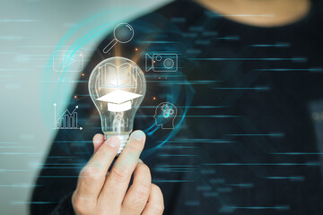 Concept of Online education. man use Online education training and e-learning webinar on internet...