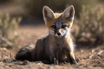 Naklejka na ściany i meble The Cape Fox cub emerges from the borrow to enjoy the sunshine. Generative AI