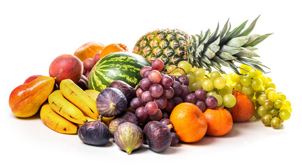 Pineapple, watermelon, grapes, peaches, pears, figs, tangerines, bananas on a white background. Isolate