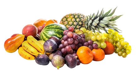 Naklejka na ściany i meble PNG. Tropical fruits Pineapple, watermelon, grapes, peaches, pears, figs, tangerines, bananas on a white background. Isolate