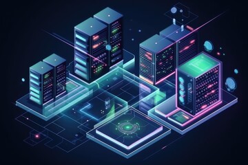 futuristic city with neon lights and towering buildings. Generative AI