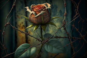 A fragile rose surrounded by thorns and barbed wire in a cursed and baroque style; a symbol of the fragility of young women in a harsh world. Generative AI