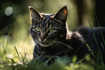 Fototapeta premium Beautiful cat in a sunny daytime photo against green grass. Generative AI