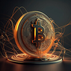 Golden bitcoin digital currency, futuristic digital money on technology background and lines.