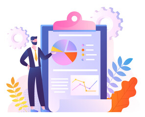 Businessman with graphs. Guy stands next to infographics, analyzes statistics and evaluates annual financial report. Accountant and analyst doing market research. Cartoon flat vector illustration