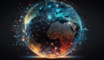 Obraz premium Global business network, software technology investment, data analysis and processing, digital marketing concept. Business technology background, Generative Ai.