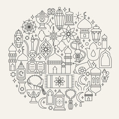 Fototapeta premium Ramadan Kareem Line Icons Circle. Vector Illustration of Outline Design.