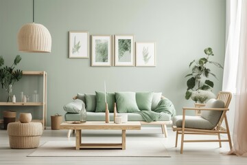 Mock up frame in pastel green room with natural wooden furnishings,. Generative AI