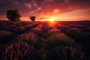lavender field sunset landscape panorama, generative ai