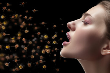 Close-up of a woman's face with many little viruses flying out of her mouth